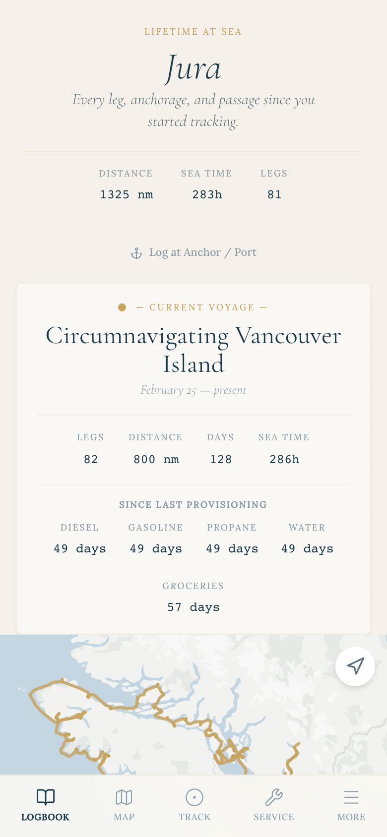Jura home: 1,325 nautical miles and 81 legs of lifetime stats, the current voyage, and a live chart