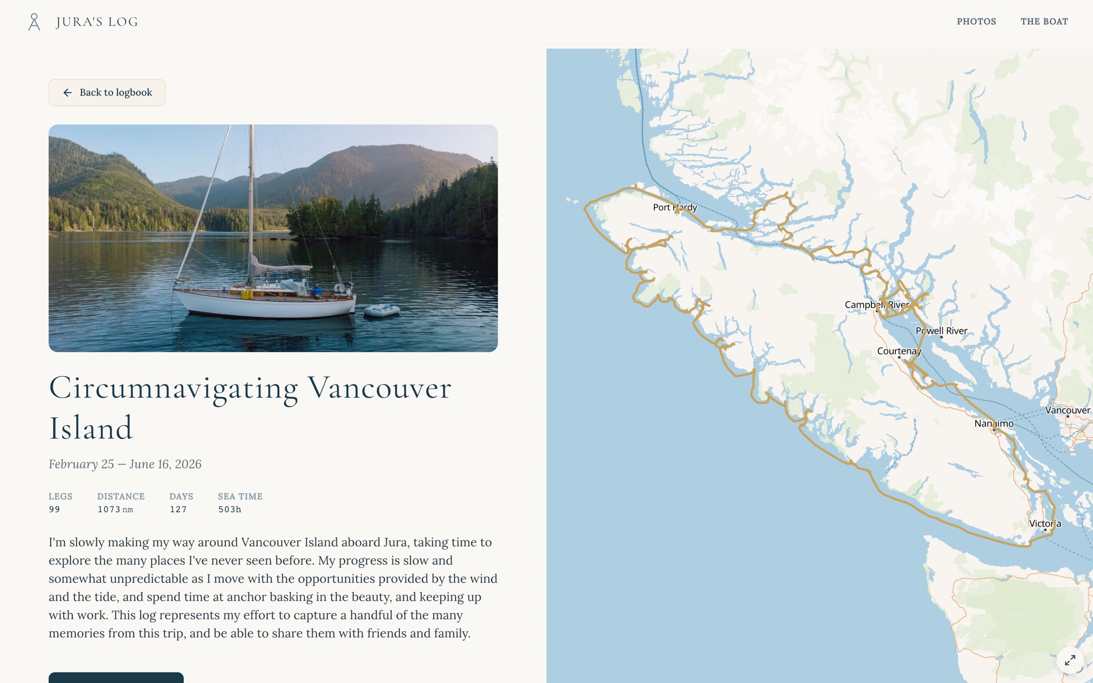 A public voyage page: Circumnavigating Vancouver Island — 99 legs, 1,073 nautical miles, 127 days — with the boat at anchor and the full track around the island