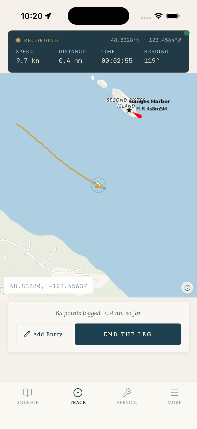 Jura recording a passage live — the gold track drawn over the chart off Ganges Harbour, with speed, distance and heading updating as the boat sails